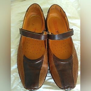 PIKOLINOS Brown Two-Tone Leather Mary Jane Flats
